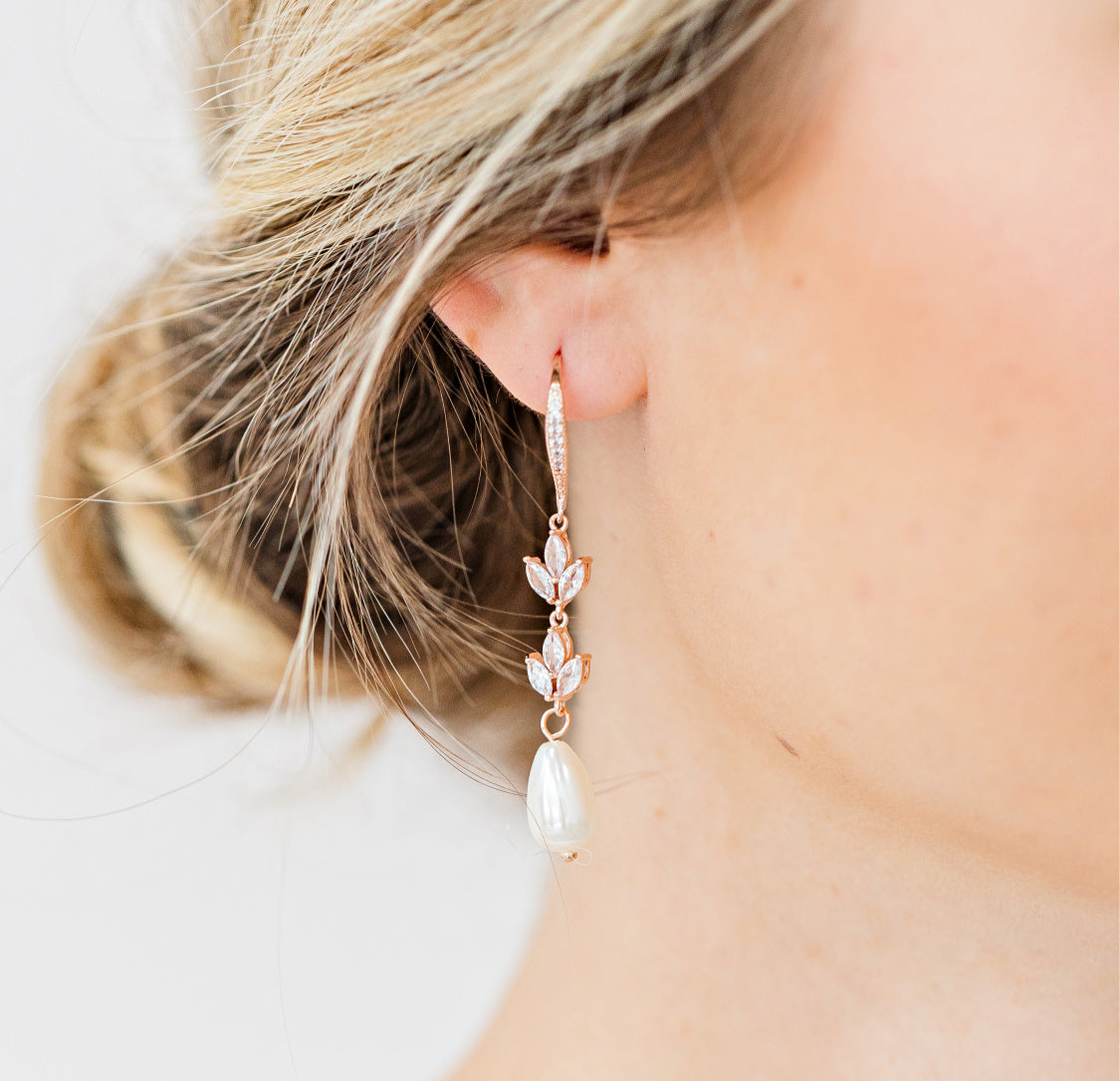 rose gold pearl drop wedding earrings