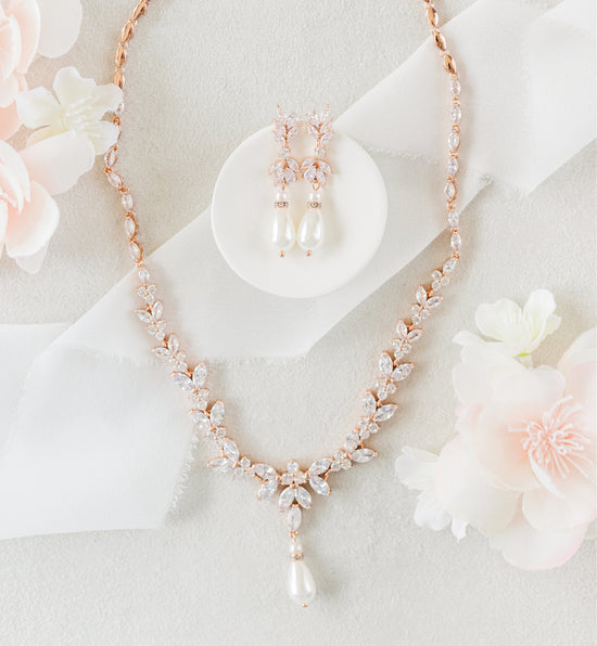 Load image into Gallery viewer, rose gold pearl wedding jewelry set
