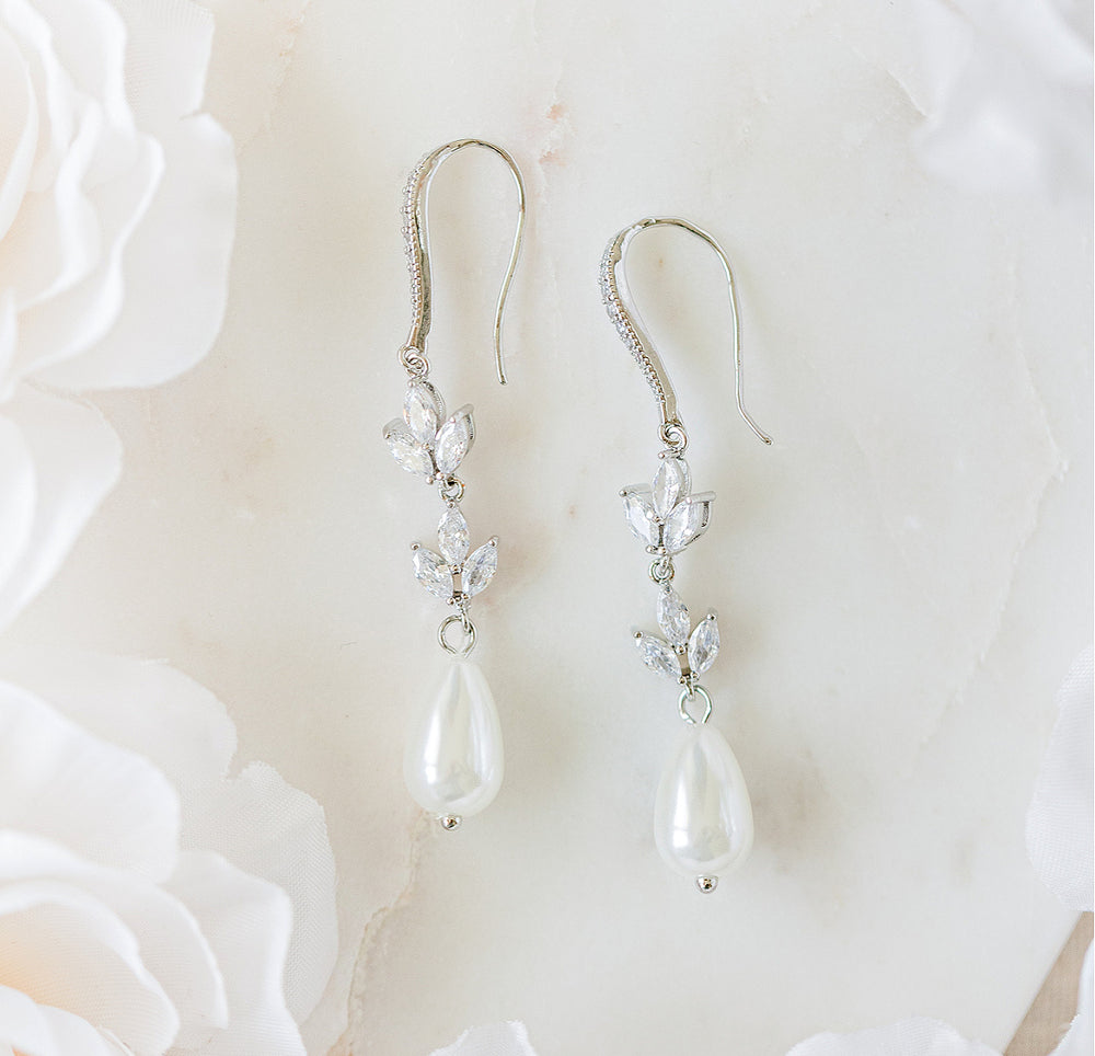 silver pearl drop wedding earrings